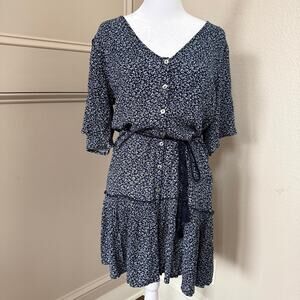 Faherty Navy Floral Button-Front Mini Dress